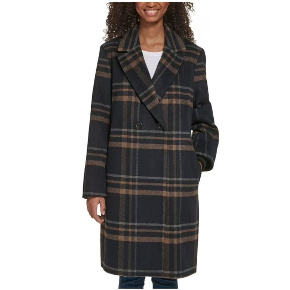 DKNY Women's Single-Breasted Fashion Coat 2X Black Plaid Quiet Luxury NWT